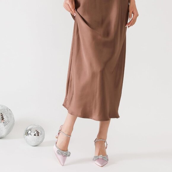 Women's Rhinstone Light Pink Strap Bow Closed Toe Adjustable Pumps Heeled Shoes - Picture 4 of 9